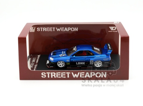 Model samochodu Nissan Skyline R34 LBWK-ER34 Liberty Walk Blue Chrome w skali 1:64 - opakowanie