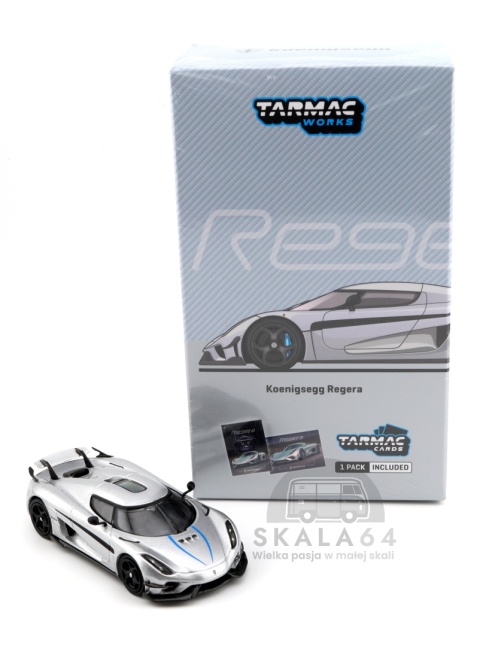 Model samochodu Koenigsegg Regera Silver Metallic Blue Accents w skali 1:64 - opakowanie