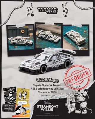 PREORDER TARMAC WORKS Toyota Sprinter Trueno AE86 Widebody by Jon Sibal Steamboat Willie Disney 1:64