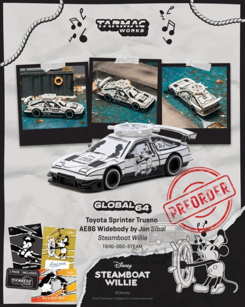 PREORDER TARMAC WORKS Toyota Sprinter Trueno AE86 Widebody by Jon Sibal Steamboat Willie Disney 1:64