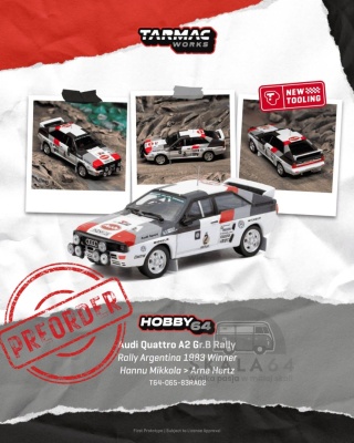 PREORDER TARMAC WORKS Audi Quattro A2 Gr.B Rally Argentina 1983 Winner H. Mikkola, A. Hertz 1:64