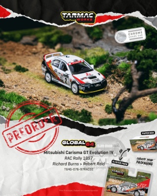 PREORDER TARMAC WORKS Mitsubishi Carisma GT Evolution IV #2 RAC Rally 1997 R. Burns, R. Reid 1:64